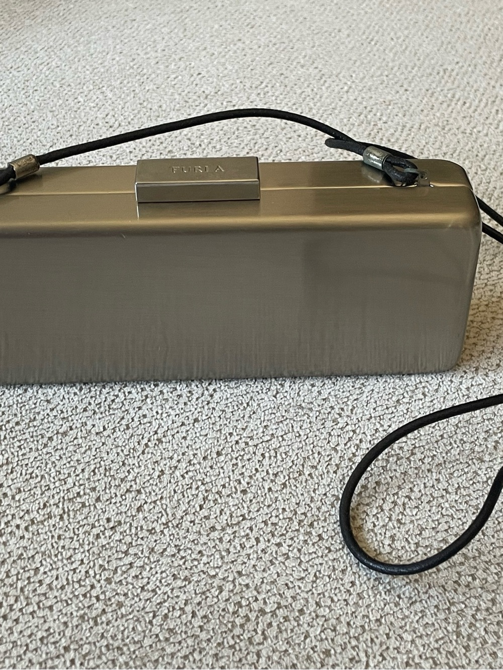 Rare Y2K Furla Silver Metallic Box Clutch with Black Strap